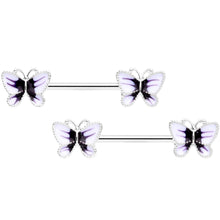 Load image into Gallery viewer, 14G 9/16 White Purple Butterfly Barbell Nipple Set