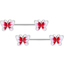 Load image into Gallery viewer, 14G 9/16 White Red Butterfly Barbell Nipple Set