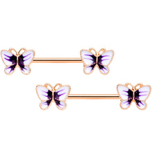 Load image into Gallery viewer, 14G 9/16 Rose Gold Tone White Purple Butterfly Barbell Nipple Set