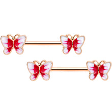 Load image into Gallery viewer, 14G 9/16 Rose Gold Tone White Red Butterfly Barbell Nipple Set