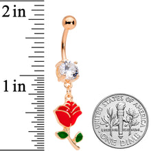 Load image into Gallery viewer, Clear Gem Rose Gold Tone Valentines Day Red Rose Dangle Belly Ring