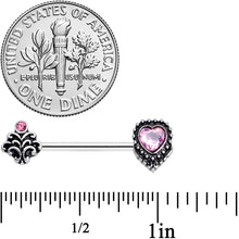 Load image into Gallery viewer, 14G 9/16 Pink Gem Regal Valentines Heart Barbell Nipple Ring Set