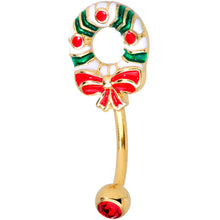 Load image into Gallery viewer, Red Gem Gold Tone Holiday Wreath Christmas Top Mount Belly Ring