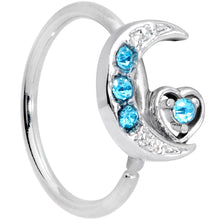 Load image into Gallery viewer, 20G 5/16 Aqua CZ Gem Moon Heart Nose Hoop