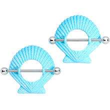 Load image into Gallery viewer, 14G 29mm Iridescent Blue Scallop Shell Nautical Nipple Shield Set