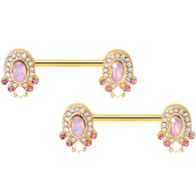 Load image into Gallery viewer, 14G 9/16 Pink Gem White Faux Opal Gold Tone Barbell Nipple Set