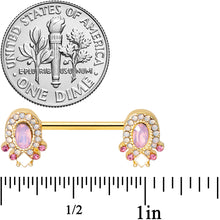 Load image into Gallery viewer, 14G 9/16 Pink Gem White Faux Opal Gold Tone Barbell Nipple Set