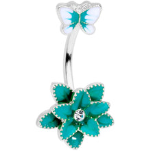 Load image into Gallery viewer, Clear Gem Aqua Flower Butterfly Double Mount Belly Ring