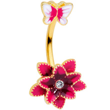 将图片加载到图库查看器,Clear Gem Gold Tone Pink Flower Butterfly Double Mount Belly Ring
