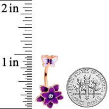 Load image into Gallery viewer, Clear Gem Rose Gold Purple Flower Butterfly Double Mount Belly Ring
