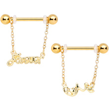 Load image into Gallery viewer, 14G 1/2 Gold Tone Love Forever Chain Dangle Nipple Ring Set