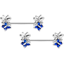 Load image into Gallery viewer, 14G 1/2 Dark Blue CZ Gem Butterfly Barbell Nipple Ring Set