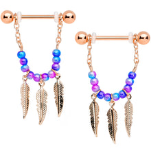 Load image into Gallery viewer, 14G 1/2 Rose Gold Tone Blue Pink Bead Feather Dangle Nipple Set