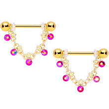 Load image into Gallery viewer, 14G 3/4 Aurora Gem Gold Tone Chain Dangle Nipple Ring Set