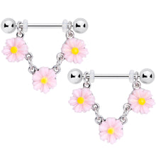 Load image into Gallery viewer, 14G 18mm Pink Yellow Flower Cluster Chain Dangle Nipple Ring Set
