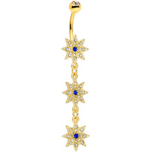 Load image into Gallery viewer, Clear Blue Gem Gold Tone Triple Star Dangle Belly Ring