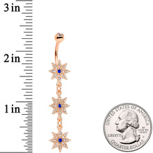 Load image into Gallery viewer, Clear Blue Gem Rose Gold Tone Triple Star Dangle Belly Ring