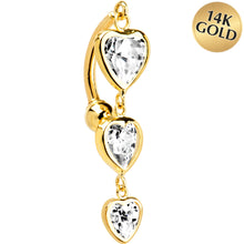 Load image into Gallery viewer, 16G Solid 14K Yellow Gold TOP MOUNT Cubic Zirconia HEART TRILOGY Belly Ring