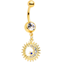 Load image into Gallery viewer, Clear Blue Gem Gold Tone Moon Sun Star Dangle Belly Ring