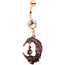 Load image into Gallery viewer, Clear Gem Rose Gold Tone Starry Moon Rose Dangle Belly Ring