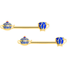 Load image into Gallery viewer, 14G 9/16 Gold Tone Blue Teapot Teacups Barbell Nipple Ring Set