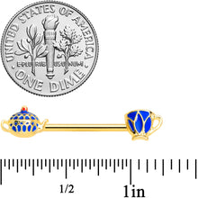 Load image into Gallery viewer, 14G 9/16 Gold Tone Blue Teapot Teacups Barbell Nipple Ring Set