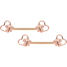 Load image into Gallery viewer, 14G 9/16 Clear CZ Rose Gold Tone Heart Barbell Nipple Ring Set