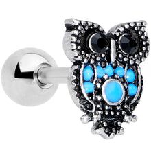 Load image into Gallery viewer, 16G 1/4 Black Gem Ornate Blue Owl Cartilage Tragus Earring