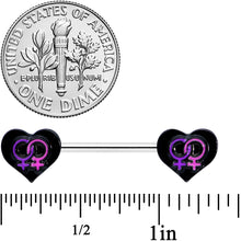Load image into Gallery viewer, 14G 9/16 Lesbian Love Heart Barbell Nipple Ring Set
