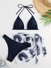 Load image into Gallery viewer, Feather Luxe 3-Piece Bikini Set – Exotic Feather Print Halter Neck Backless Swimsuit with High Cut Tie Back Bottoms and Wrap Cover-Up – Women’s High-Stretch Comfortable Swimwear for Summer Beach & Pool Vacations