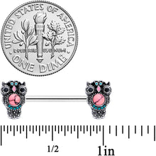 Load image into Gallery viewer, 14G 9/16 Black Gem Pink Orb Owl Barbell Nipple Ring Set