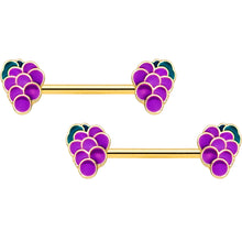 Load image into Gallery viewer, 14G 9/16 Gold Tone Sweet Purple Grapes Barbell Nipple Ring Set