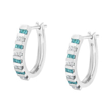 Load image into Gallery viewer, 10k White Gold Round and Blue Baguette 1/2 cttw Diamond Hoop Earrings (I-J Color, I2-I3 Clarity)