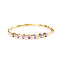将图片加载到图库查看器,14K Yellow Gold Alternating Bezel Set 5MM Oval Shaped Tanzanite and 1/5 Cttw Diamond Bangle Bracelet (H-I Color, VS2-SI1 Clarity) - Fit's wrists up to 7.25" Inches