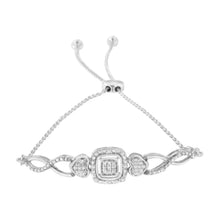 Load image into Gallery viewer, .925 Sterling Silver Diamond Cushion Frame Heart-Sides Twist 4â€-10†Adjustable Bolo Tennis Bolo Bracelet (I-J Color, I3 Clarity)