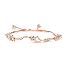 Load image into Gallery viewer, 14K Rose Gold Plated .925 Sterling Silver 1/10 Cttw Diamond Wave and Hearts 4â€-10†Adjustable Bolo Bracelet (I-J Color, I3 Clarity)