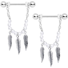 Load image into Gallery viewer, 14G 5/8 White Pearlescent Bead Feather Dangle Nipple Ring Set