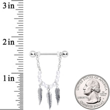 Load image into Gallery viewer, 14G 5/8 White Pearlescent Bead Feather Dangle Nipple Ring Set