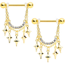 Load image into Gallery viewer, 14G 9/16 Clear Gem Gold Tone Drama Dangle Nipple Ring Set