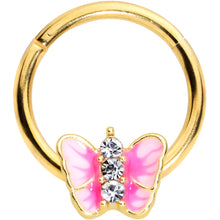 Load image into Gallery viewer, 16G 3/8 Clear Gem Gold Tone Pink Butterfly Septum Ring