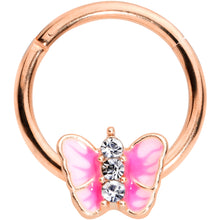 Load image into Gallery viewer, 16G 3/8 Clear Gem Rose Gold Tone Pink Butterfly Septum Ring