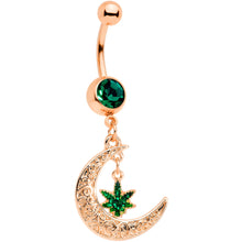 将图片加载到图库查看器,Green Gem Rose Gold Tone Marijuana Pot Leaf Moon Dangle Belly Ring