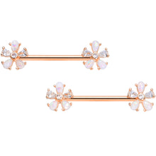 Load image into Gallery viewer, 14G 9/16 White Faux Opal Rose Gold Tone Flower Barbell Nipple Set