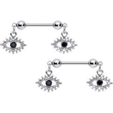 将图片加载到图库查看器,14G 9/16 Clear Black Gem Open Eye Dangle Nipple Ring Set