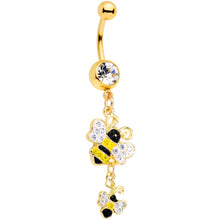 Load image into Gallery viewer, Clear Yellow Black Gem Gold Tone Happy Honey Bees Dangle Belly Ring