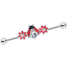 Load image into Gallery viewer, 14G Clear Gem Red Flowers Ladybug Industrial Barbell 38mm