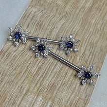 Load image into Gallery viewer, 14G 9/16 Blue CZ Gem Snowflake Christmas Barbell Nipple Ring Set