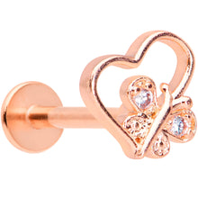 Load image into Gallery viewer, 16G 5/16 Clear CZ Gem Rose Gold Tone Heart Butterfly Labret