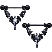 Load image into Gallery viewer, 14G 9/16 Black Winged Skeleton Halloween Dangle Nipple Ring Set