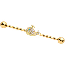 Load image into Gallery viewer, 14G Clear Aqua Gem Gold Tone Whale Industrial Barbell 38mm